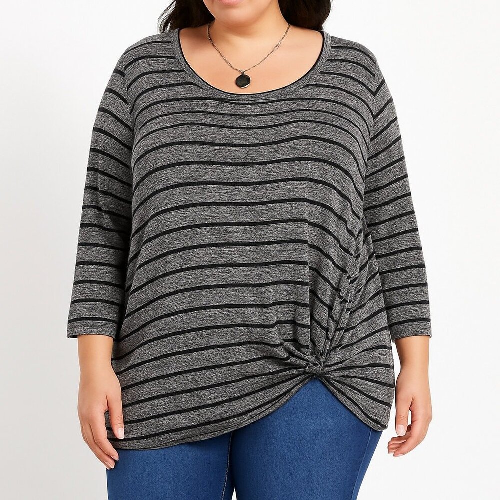 Emerald Womens 1X Gray Black Striped Knot‎ Hem Top Long Sleeve Plus Size